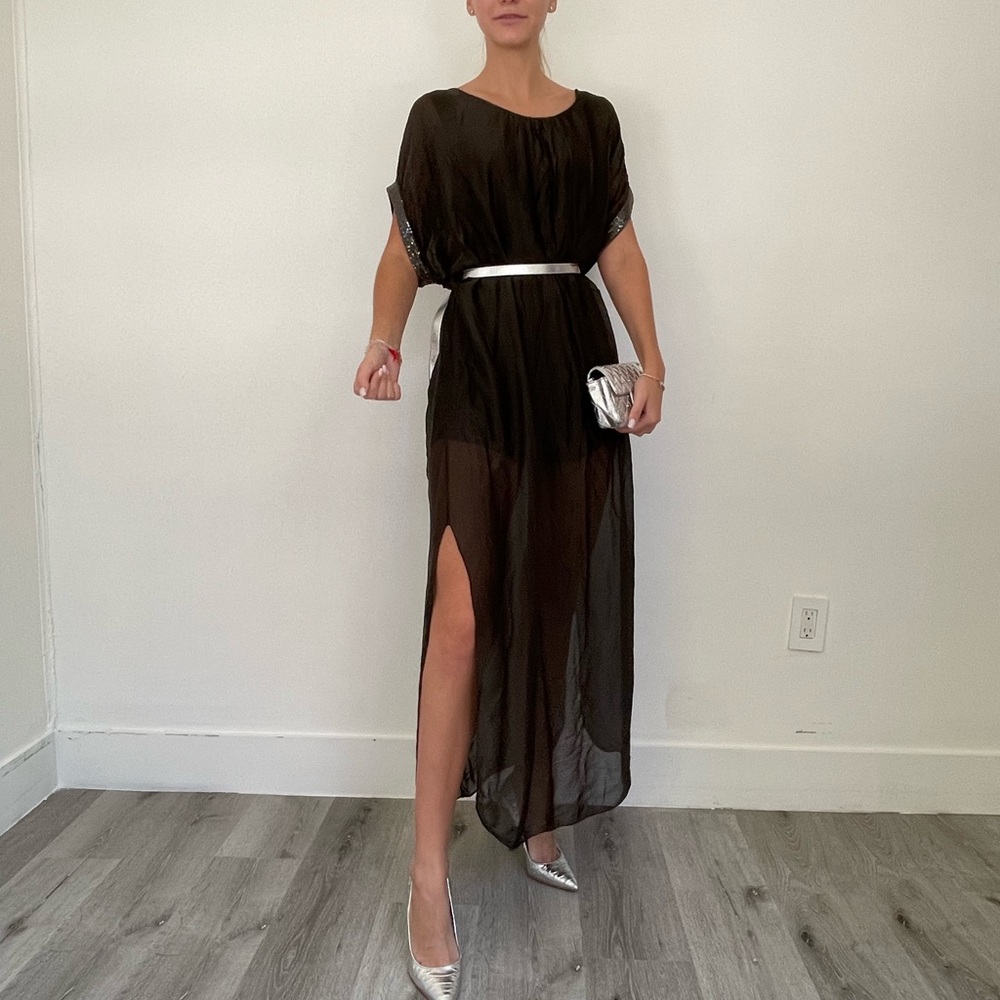 Brown round Neck Short Sleeve Maxi Dress with sequins